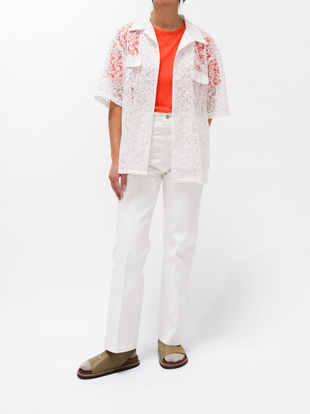 Namu Shop - Niche Open Collar S/S Shirt - White Mesh Flower