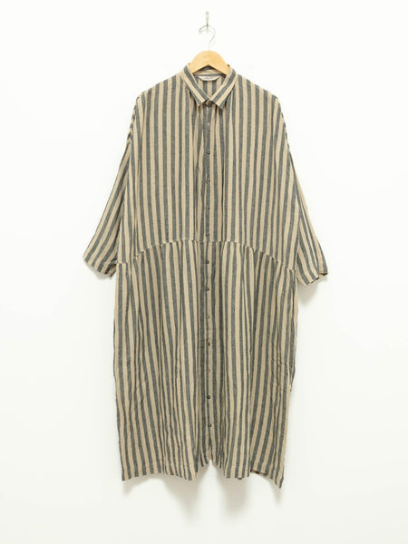 Linen Azumadaki Stripe Dress - Beige x Blue