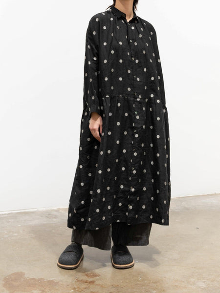 Organic Linen Dot Shirt Dress - Black