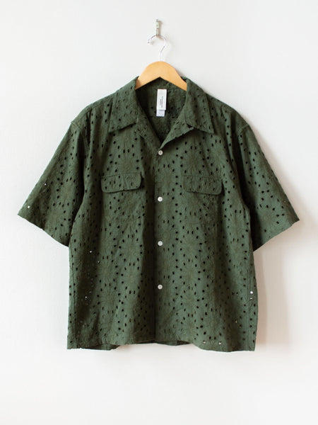 Flower Lace S/S Open Collar Shirt - Green