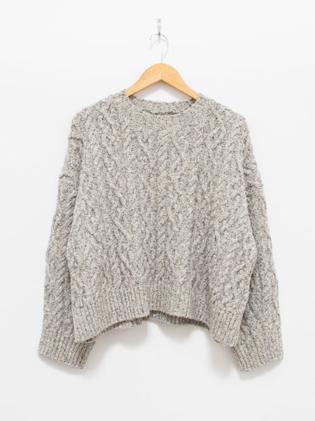 French Merino Cotton Boucle Cable Knit Sweater - Gray Mix