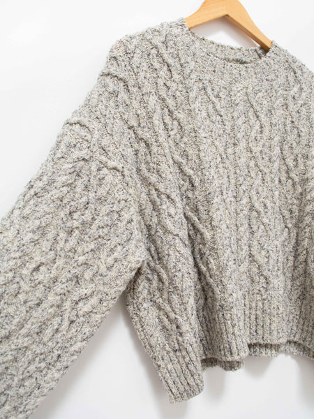 French Merino Cotton Boucle Cable Knit Sweater - Gray Mix