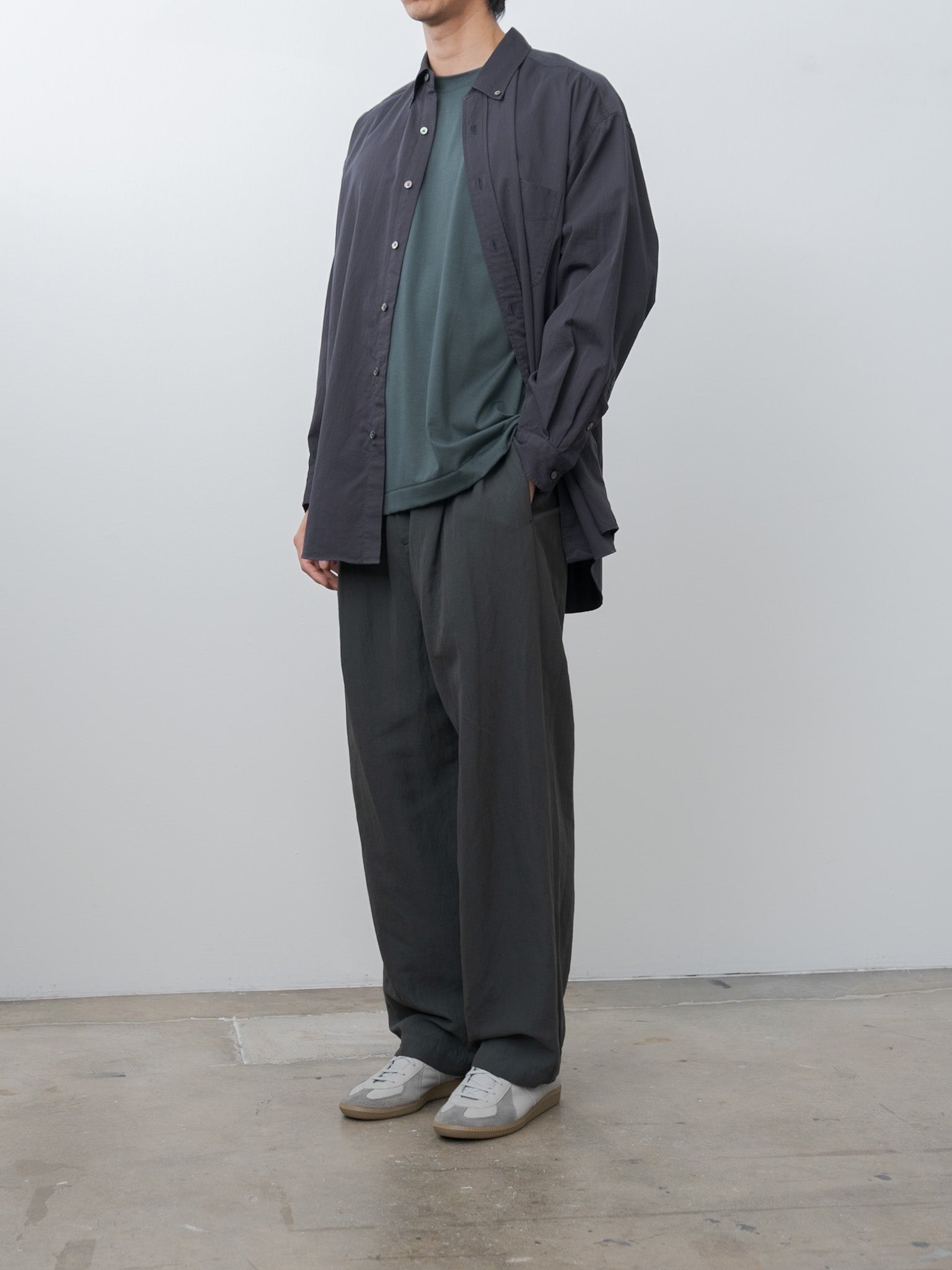 Cotton Linen Voile Two Tucked Easy Pants - Dark Green