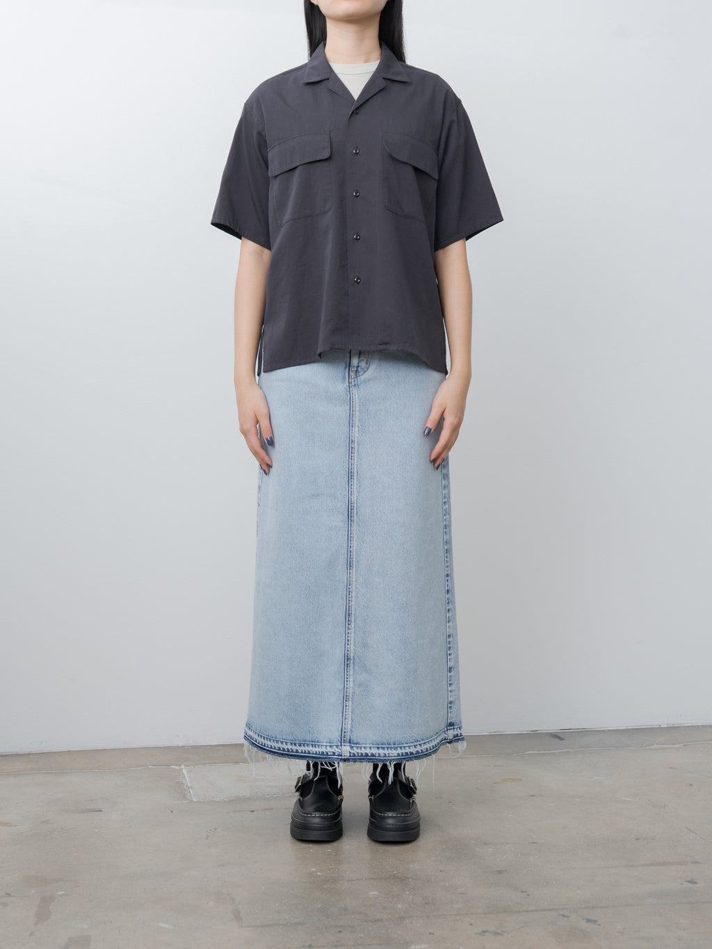 Organic Cotton Washer Satin Open Collar Shirt - Navy