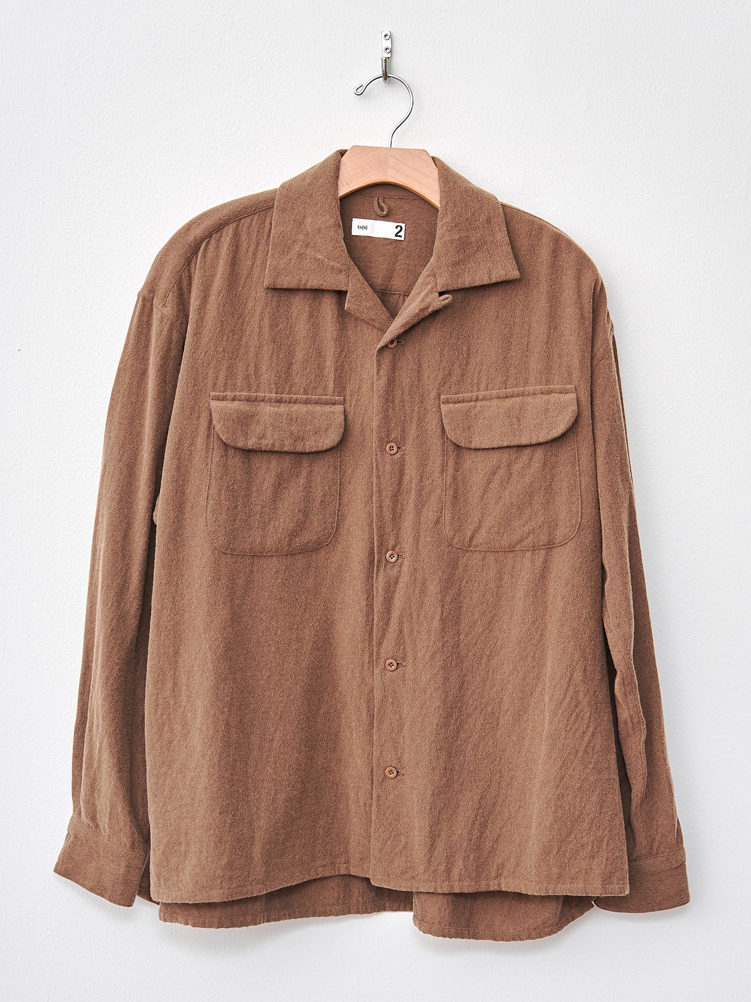 Brushed Wool Cotton Round Flap Pocket Baggy Shirt - Brown