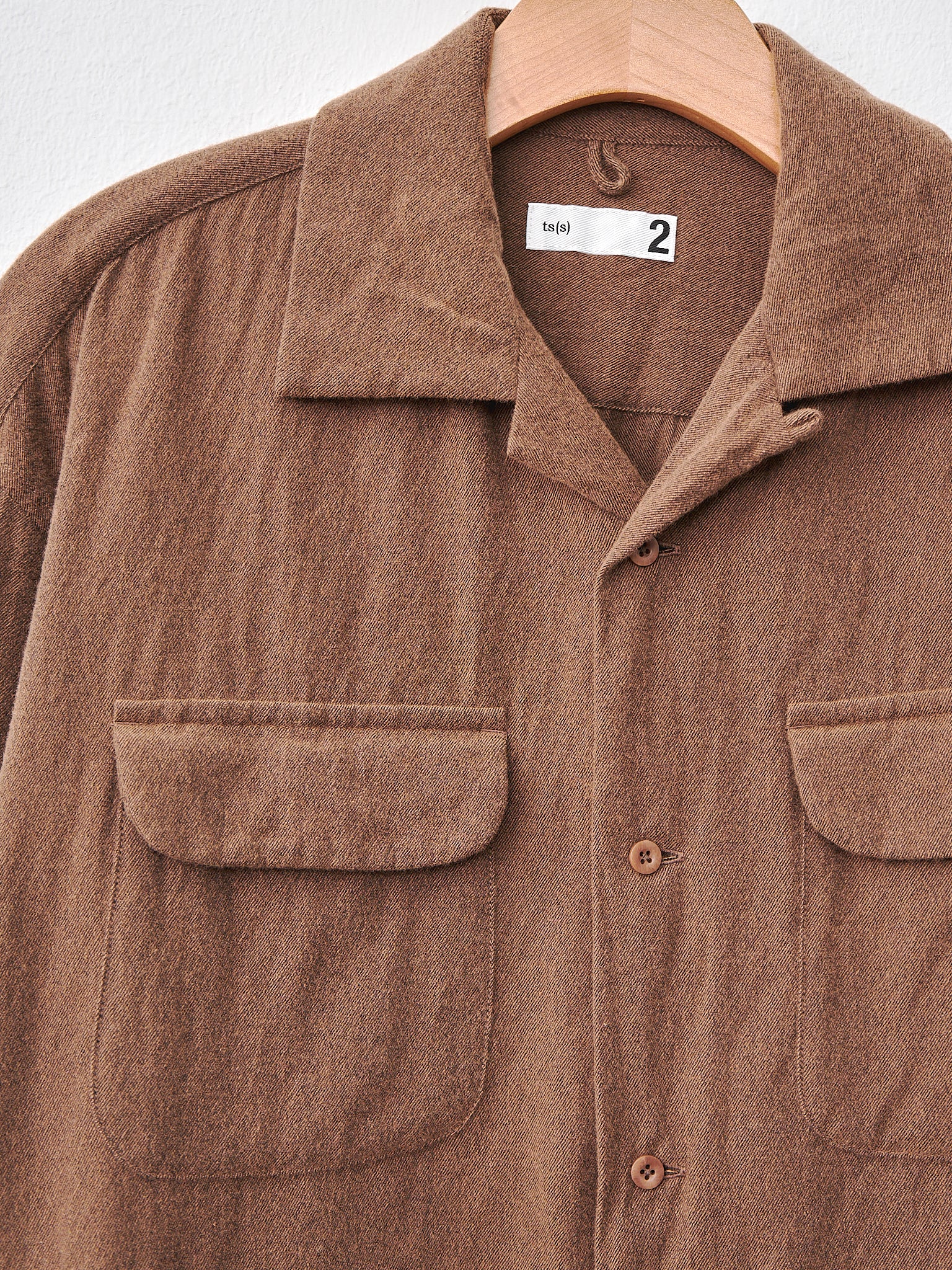 Brushed Wool Cotton Round Flap Pocket Baggy Shirt - Brown