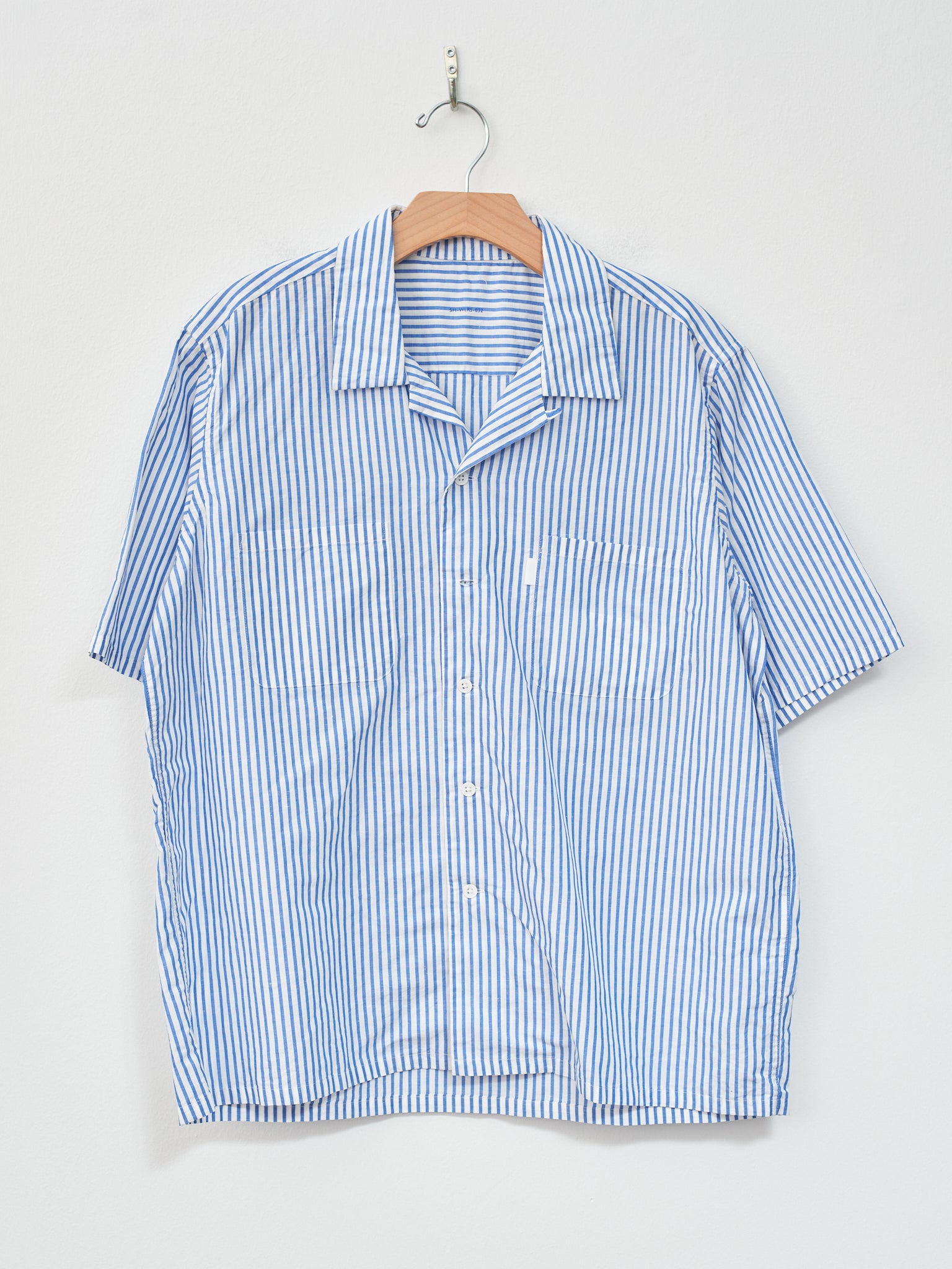 Namu Shop - SH Shirt Short Sleeve Open Collar Shirt - Blue Stripe Cotton/Linen