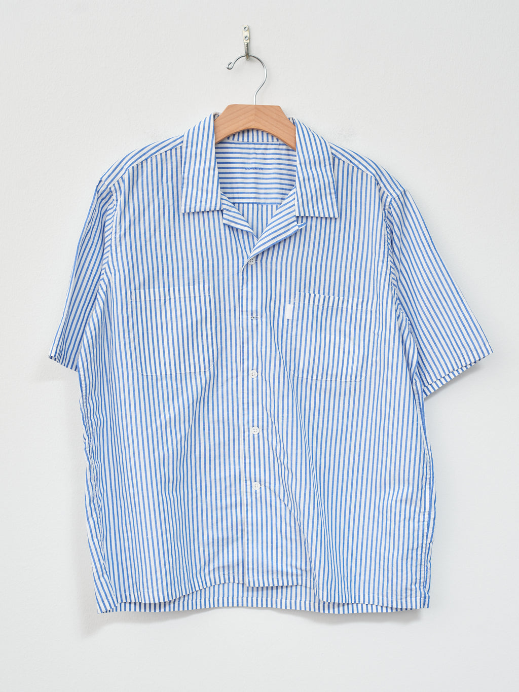 Namu Shop - SH Shirt Short Sleeve Open Collar Shirt - Blue Stripe Cotton/Linen