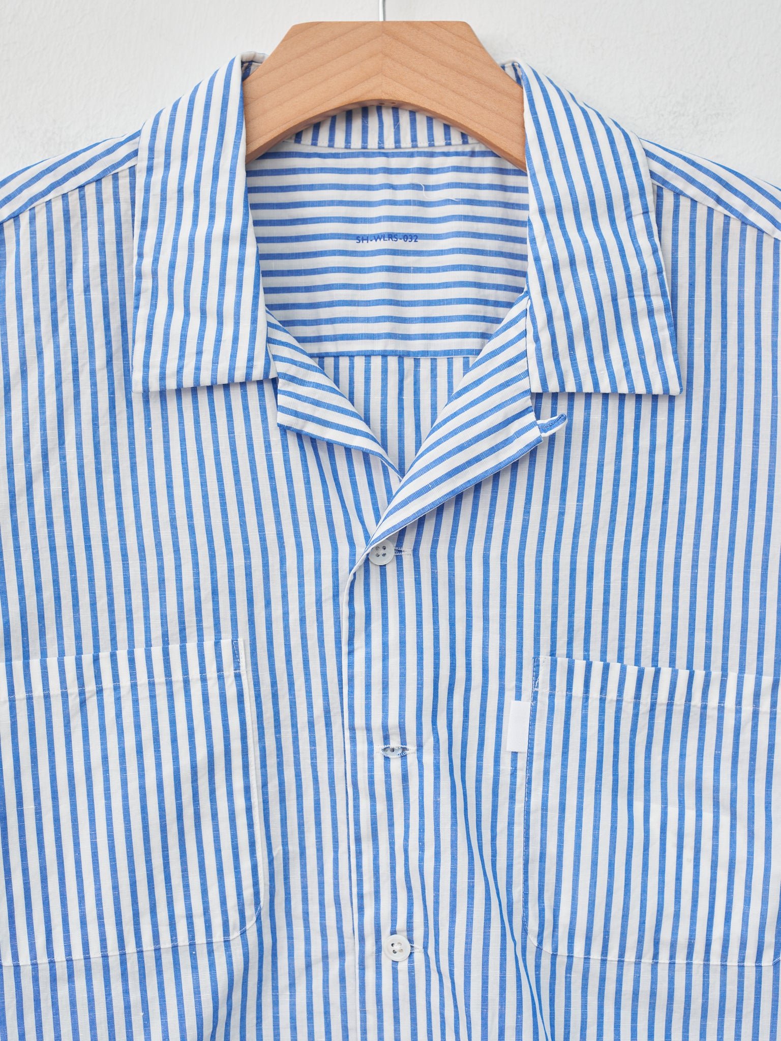 Namu Shop - SH Shirt Short Sleeve Open Collar Shirt - Blue Stripe Cotton/Linen