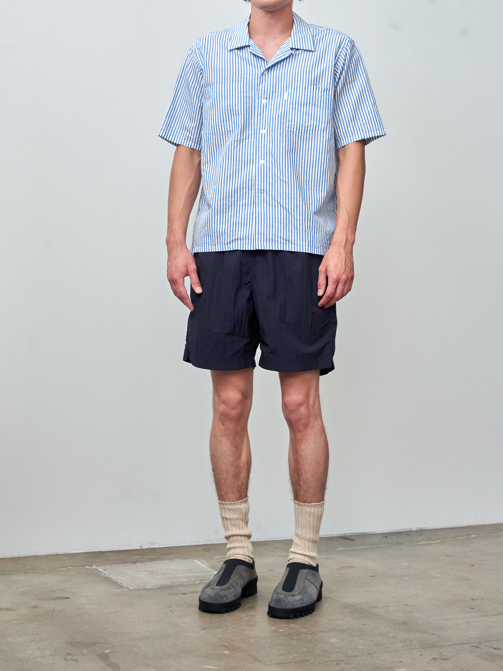 Namu Shop - SH Shirt Short Sleeve Open Collar Shirt - Blue Stripe Cotton/Linen