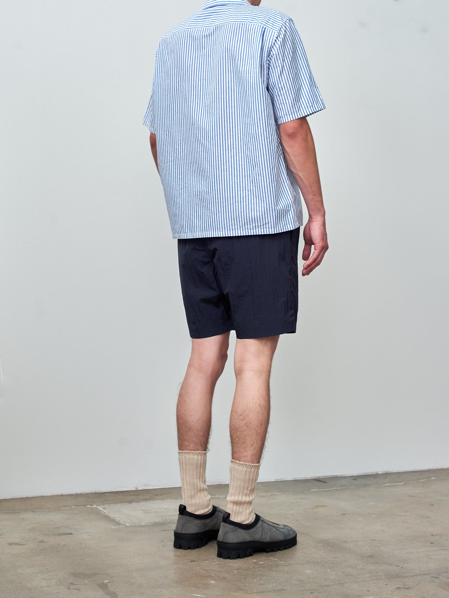 Namu Shop - SH Shirt Short Sleeve Open Collar Shirt - Blue Stripe Cotton/Linen