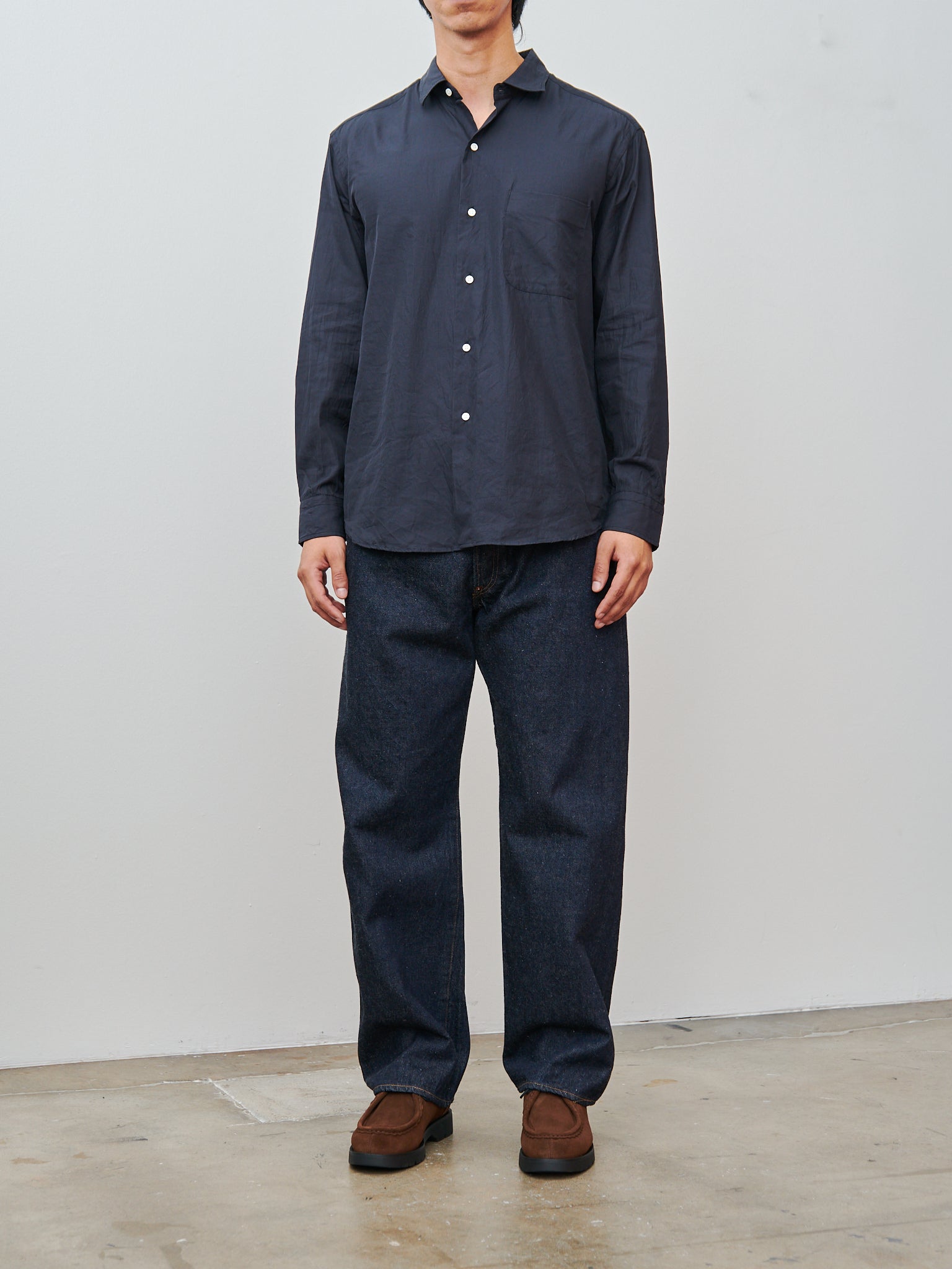 Semi Spread Collar Shirt - Navy Cotton Silk