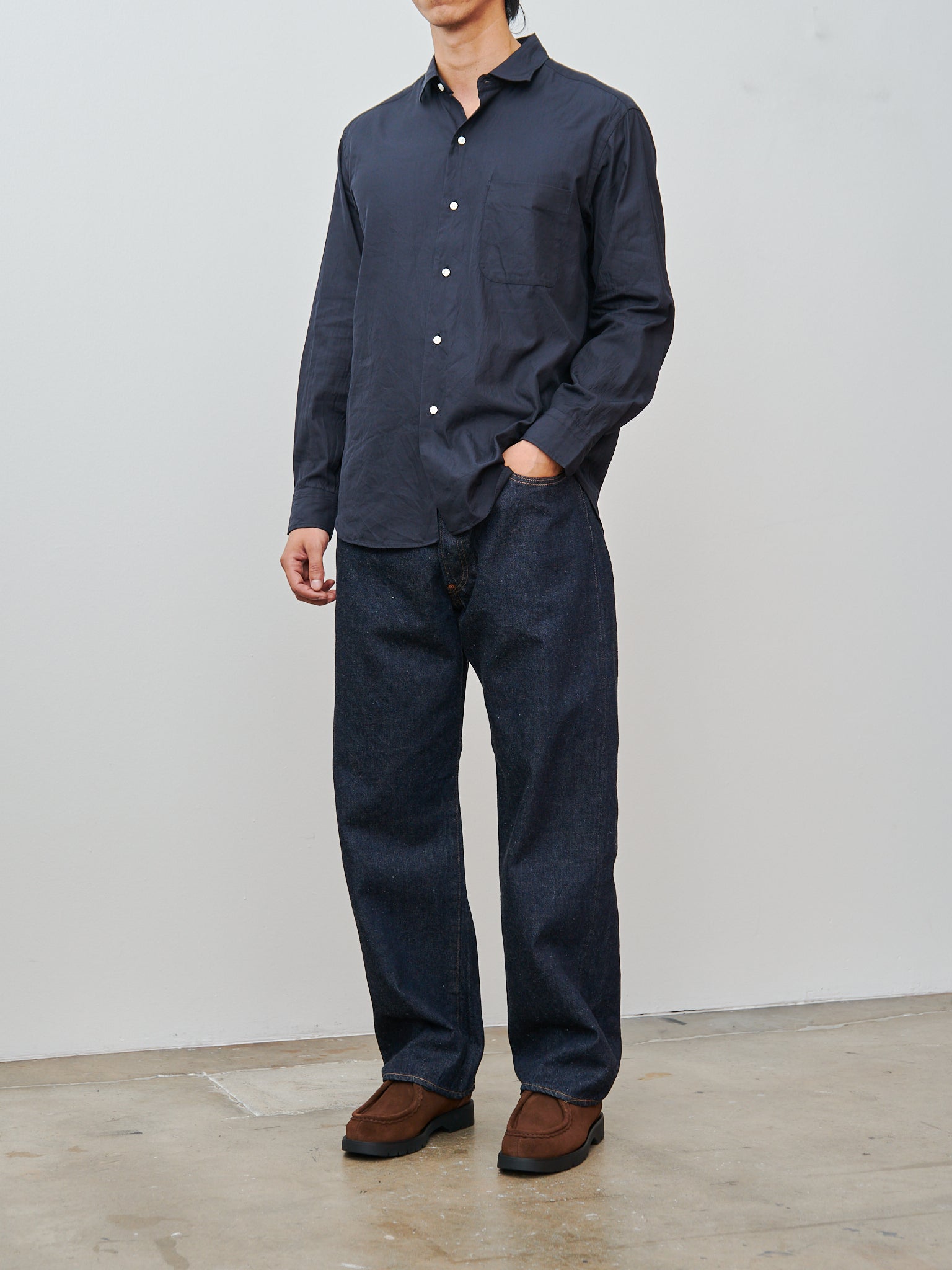 Semi Spread Collar Shirt - Navy Cotton Silk