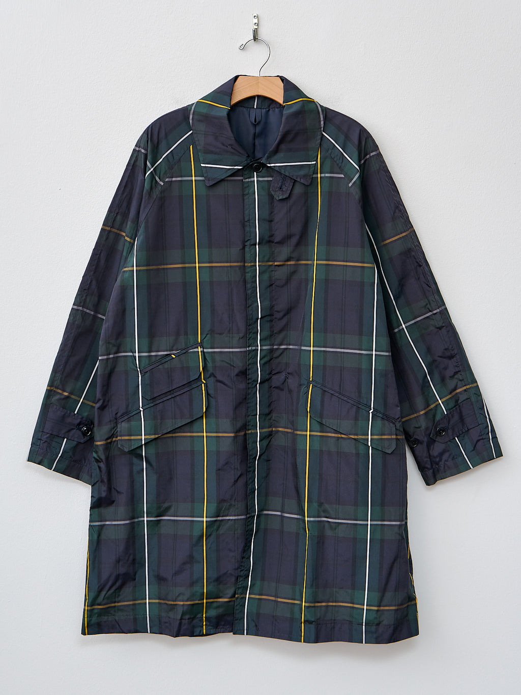 Namu Shop - ts(s) Tartan Plaid Fly Front Raglan Sleeve Coat - Navy