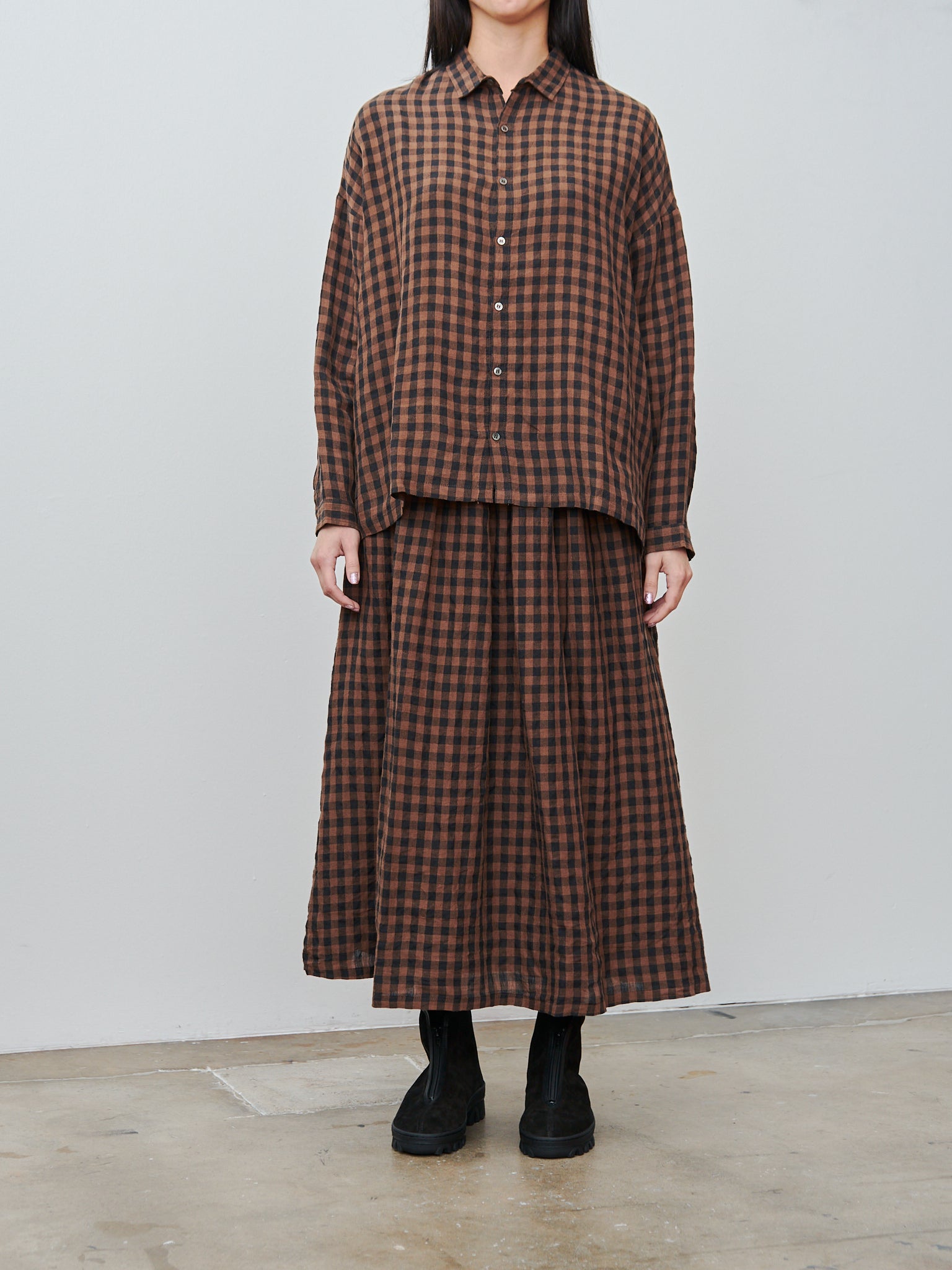 Namu Shop - Ichi Antiquites Linen Gingham Check Skirt - Brown