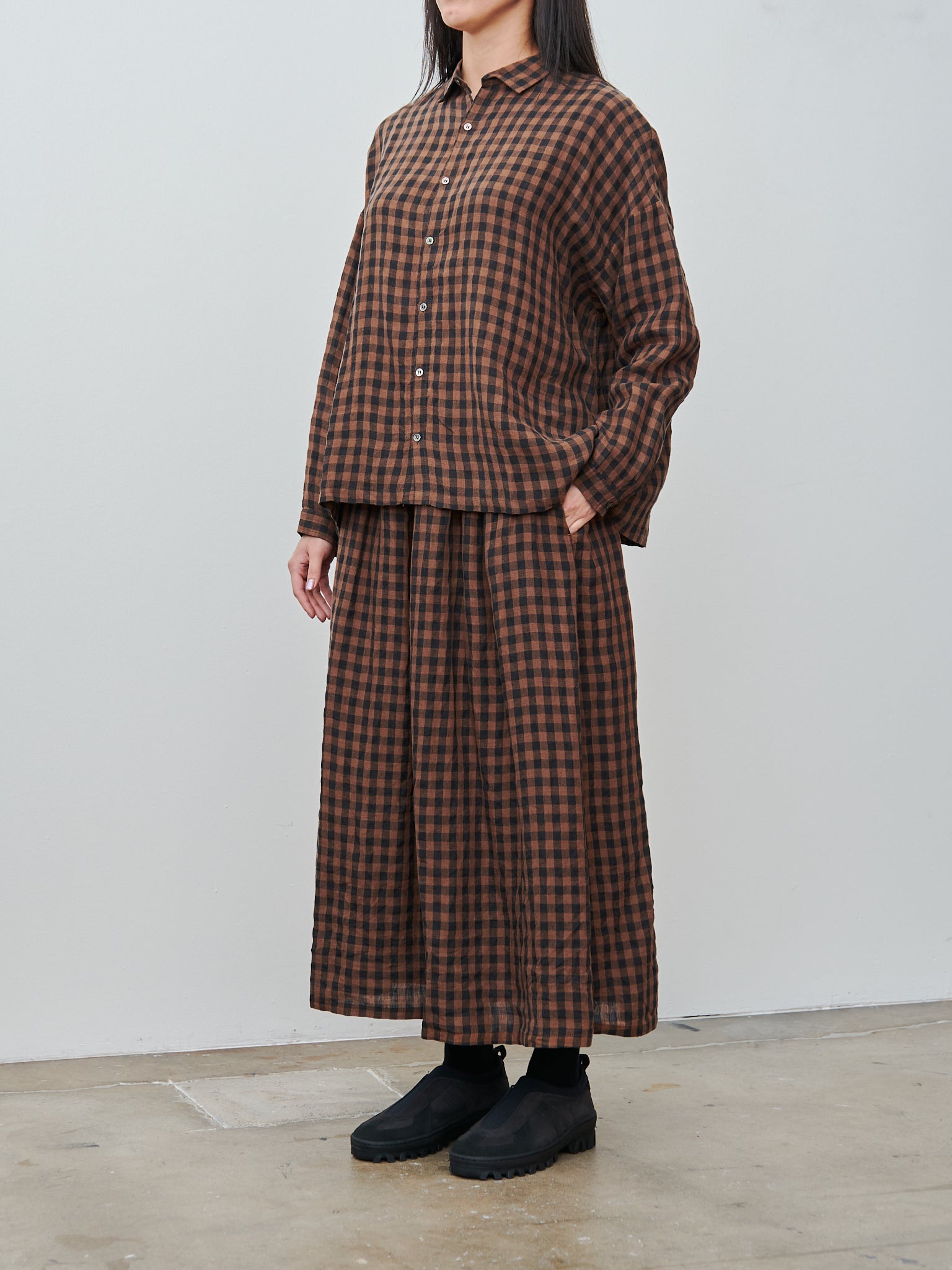 Namu Shop - Ichi Antiquites Linen Gingham Check Skirt - Brown