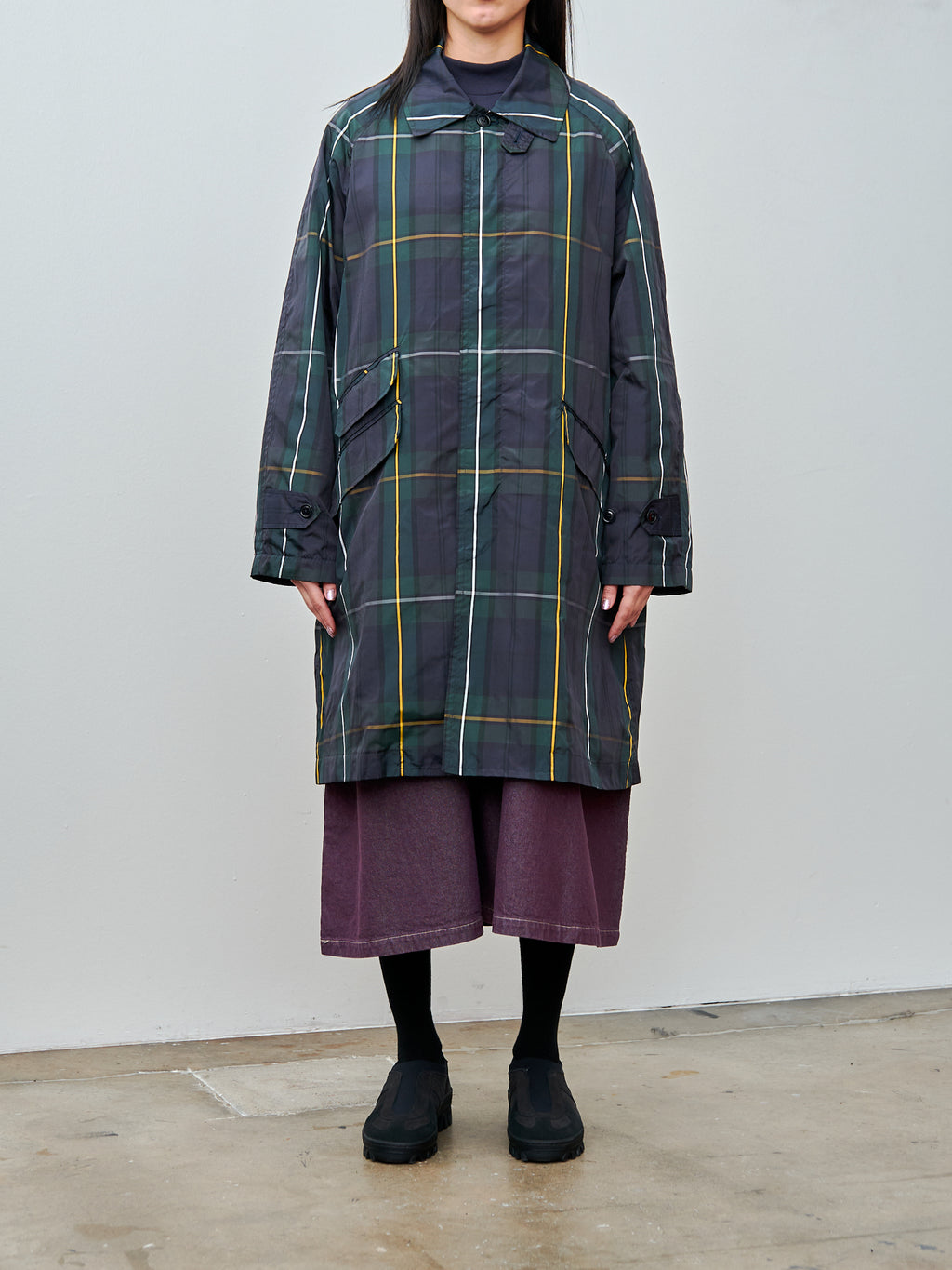 Namu Shop - ts(s) Tartan Plaid Fly Front Raglan Sleeve Coat - Navy