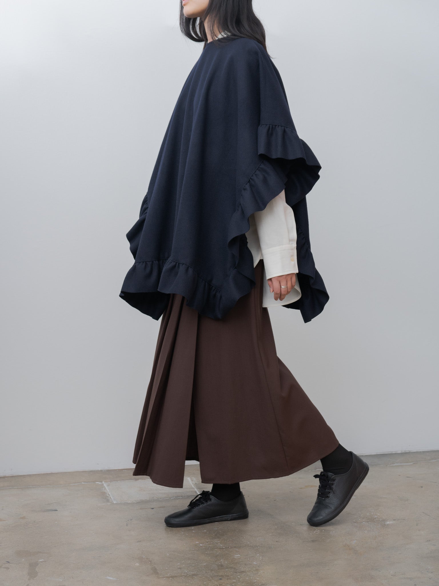 Rose Ruffle Cape - Navy Wool