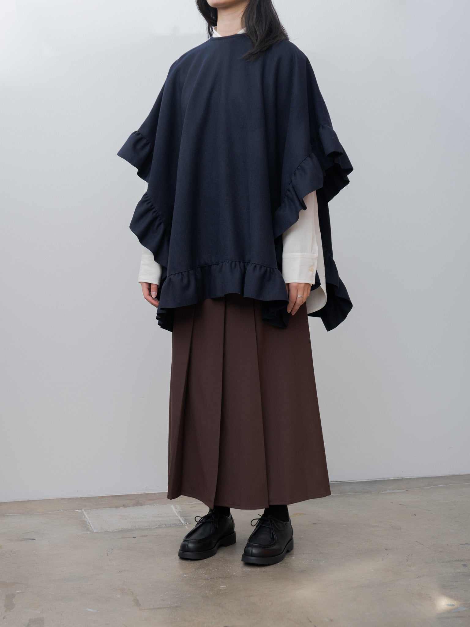 Rose Ruffle Cape - Navy Wool