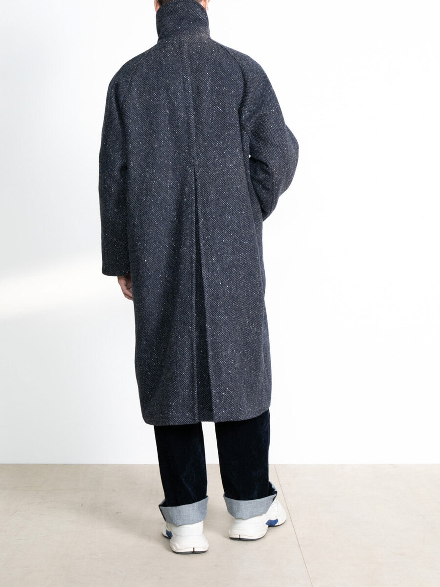 Donegal Tweed Inverted Pleats Balmacaan Coat - Navy