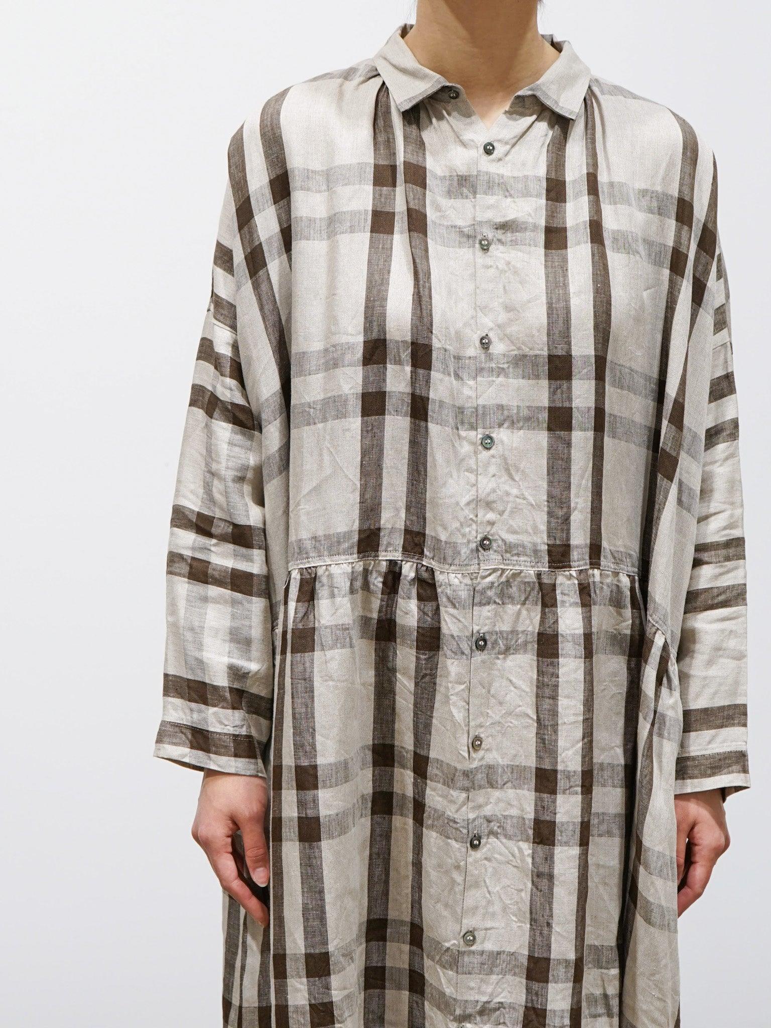 Namu Shop - Ichi Antiquites Linen Twill Check Shirt Dress - Natural x Brown